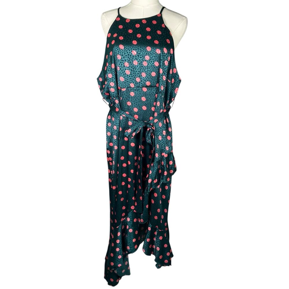 Queen B Maternity London‎ Polka Dot Satin Maxi Dress Teal Red Ruffle Hem Size 16